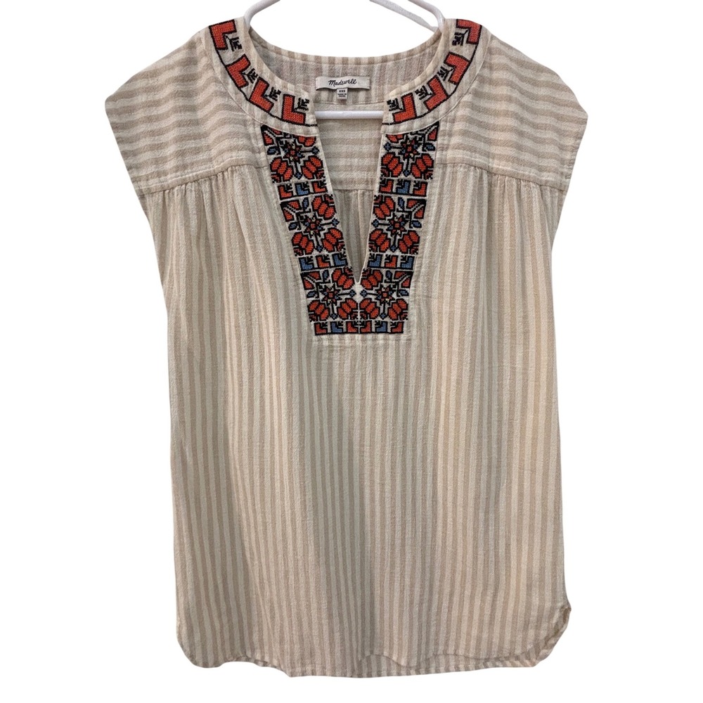 Madewell Womens XXS Embroidered Split Neck Striped Cotton Boho Top Beige G6084